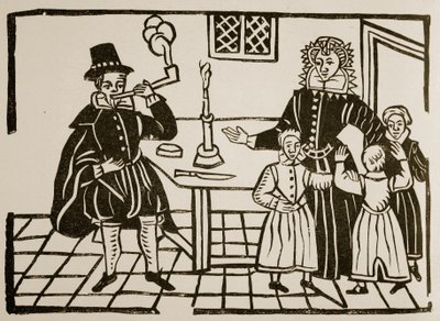 En familiegruppe, tidlig på 1600-tallet (sepia-bilde) av English School