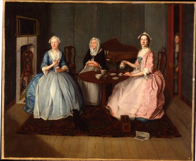 En familie i et indre som tar te, ca. 1740 av English School