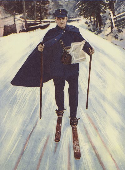 En tysk postmann på ski (farge litho) av English School