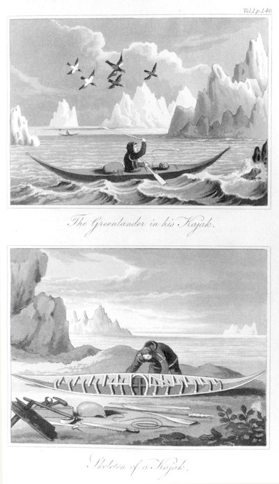 En grønlander og kajakken hans, fra History of Greenland av David Crantz, 1820 av English School