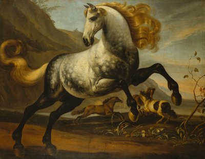 En grå stegende hingst med flytende manke med hingster som kjemper i et steinete landskap, av English School