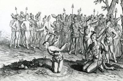 En konge av Florida konsulterte tryllekunstneren sin før han dro til Battle, illustrasjon hentet fra Moores Voyages and Travels, 1778 av English School