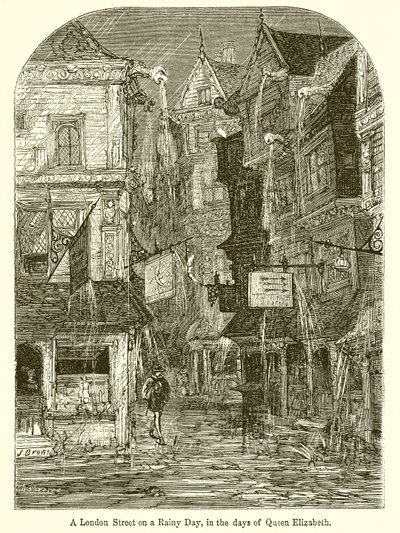 En London Street på en regnværsdag, i dronning Elizabeths dager av English School