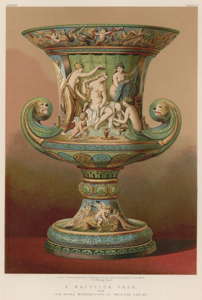 En majolikavase fra Den kongelige fabrikk i Meissen, Sachsen (chromolitho) av English School