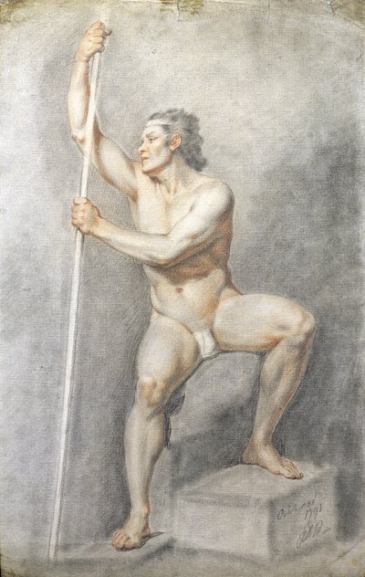 En naken mann som holder en stav, ca. 1770 (farget kritt på papir) av English School