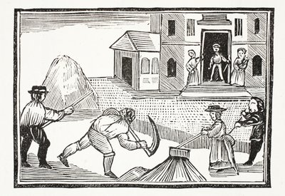 En mann som klipper gress med en ljå, som tok alt før seg, illustrasjon fra Chap-books of the Eighteenth Century av John Ashton, pub. 1882 av English School