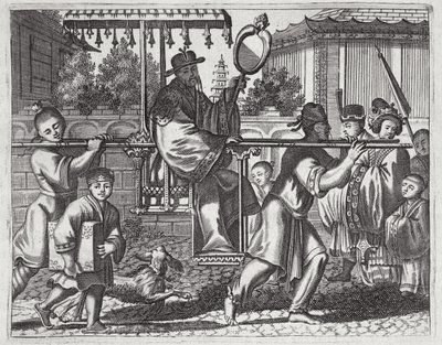 A Mandarin in a Sedan Chair, illustrasjon fra en beskrivelse av ambassader til Kina, 1690 av English School