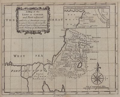 Et kart over Kanaans land og tilstøtende deler på den tiden da Abraham kom for å oppholde seg i landet, som viser de forskjellige menneskene og stedene som er nevnt i patriarkenes historie (gravering) av English School