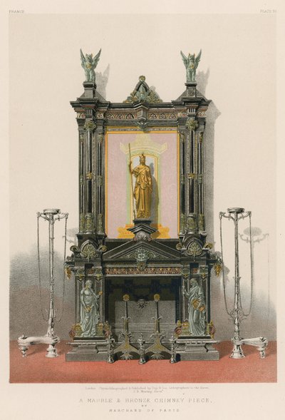 En skorsteinsdel i marmor og bronse av Marchand fra Paris (chromolitho) av English School