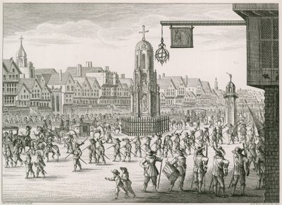 En nordøstlig utsikt over Cheapside med The Cross and Conduit av English School