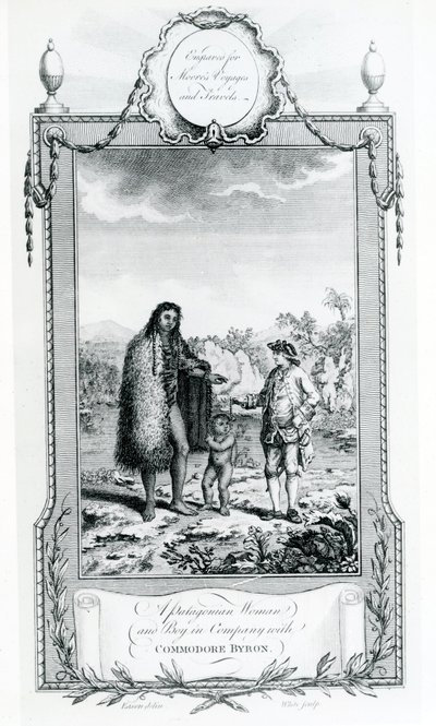 En patagonisk kvinne og gutt i selskap med Commodore Byron, illustrasjon hentet fra Moores Voyages and Travels, 1778 av English School