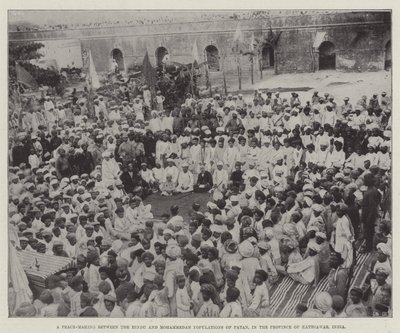 En fredsskaping mellom den hinduistiske og muhammedanske befolkningen i Patan, i provinsen Kathiawar, India (gravering) av English School