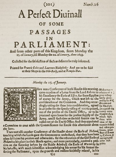 A Perfect Diurnall, faksimile av forsiden av utgave 26, 1643, illustrasjon fra Cassells Illustrated History of England (sepiafoto) av English School