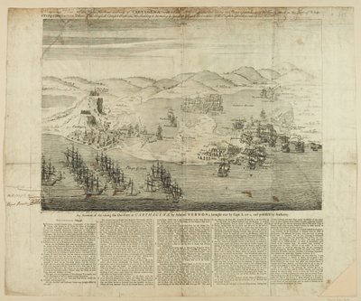 A Perspective Draft of Town, Harbor and Forts of Carthagena i 1739, publisert 1741 (linjegravering) av English School