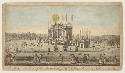 A Perspective View of the Building for the Fireworks in the Green Park, London av English School