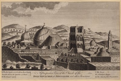 Et perspektivbilde av Den hellige gravs kirke i Jerusalem og andre strukturer (gravering) av English School