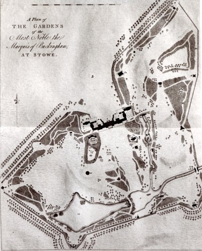 A Plan of the Gardens of the Most Noble Marquis of Buckingham at Stowe, fra Visitors Guide Book, utgitt i 1797 (se 140582 for Charles Bridgemans tidligere plan) av English School