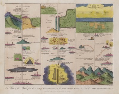 En plan for veien fra ødeleggelsens by til den himmelske byen tilpasset Pilgrims fremgang (farget gravering) av English School