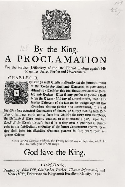 En erklæring fra kongen, for videre oppdagelse av den sene grufulle utformingen mot Hans Majesteter, hellig person og regjering, 27. november 1678 av English School