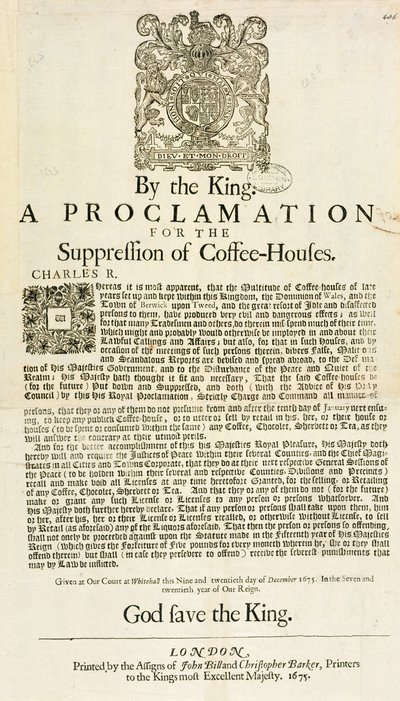 En erklæring av kongen, for undertrykkelse av kaffehus, 1675 av English School