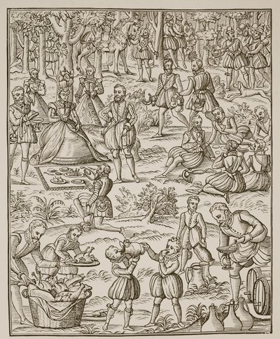 En kongelig piknik, tallerken fra Noble Art of Venerie and Hunting av George Turberville, 1575 (sepia-bilde) av English School