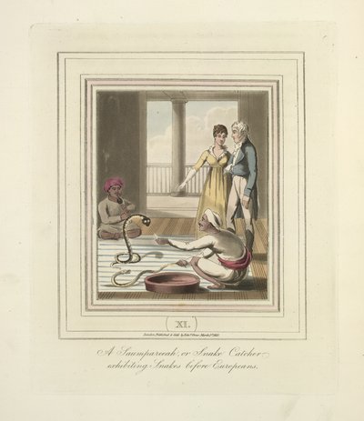En Saumpareeah eller slangefanger som stiller ut slanger før europeere, ca. 1824 (farge litho) av English School