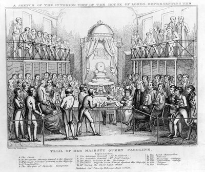 En skisse av innsiden av House of Lords, som representerer rettssaken mot Hennes Majestet Dronning Caroline, pub. 1820 (s/hv gravering) av English School