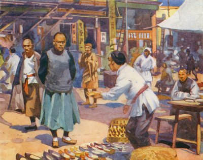 En gatescene i Kina (fargelitografi) av English School