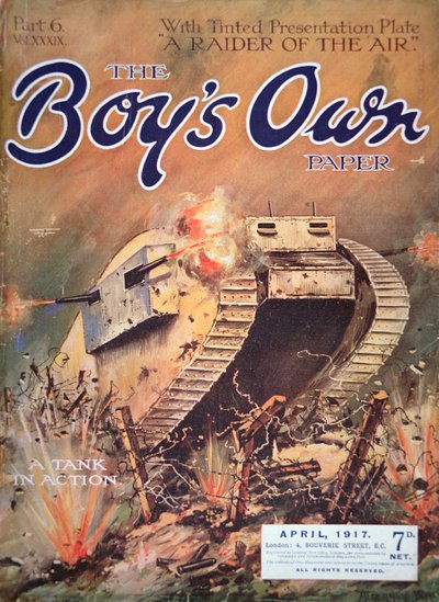 'A Tank in Action', fra The Boy's Own Paper, april 1917 (farge litho) av English School