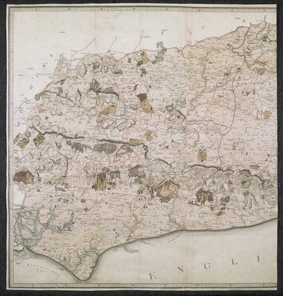 Et topografisk kart over fylket Sussex, delt inn i voldtekter, dekanier og hundrevis. Planlagt fra en faktisk undersøkelse i en skala fra en tomme til en lovbestemt mil av English School