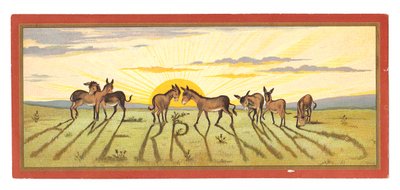 Et viktoriansk julekort av en solnedgang som kaster skygger fra en rad med esler hvor det står "Merry Xmas", ca. 1880 av English School