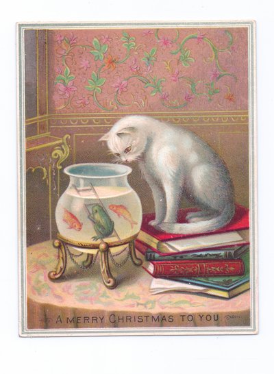 Et viktoriansk julekort av en katt som sitter på en stabel med bøker og ser ned i en gullfiskbolle, ca. 1880 (fargelitografi) av English School