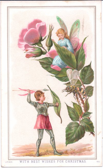 Et viktoriansk julekort av en fe som sitter på en rose og en annen fe som kaster et spyd mot en veps, ca. 1880 av English School