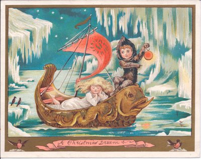 Et viktoriansk julekort av en jentefe som sover i en utsmykket delfinbåt på et islagt hav mens en guttefe holder en lampe, ca. 1880 (farge litho) av English School