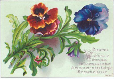 Et viktoriansk julekort av en spray på stemorsblomster, ca. 1880 av English School