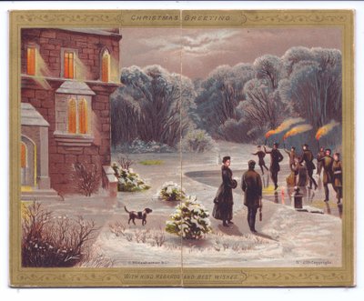 Et viktoriansk julekort med skatere med flammende fakler som skøyter på en frossen innsjø foran et herskapshus med tilskuere og en hund, ca. 1880 av English School