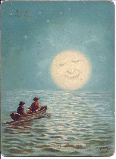 Et viktoriansk julekort av to gutter i en robåt på en måneskinn natt, ca. 1880 (farge litho) av English School