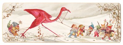 Et viktoriansk julekort som viser et ondsinnet parti med alver som leder bort en fanget flamingo i snøen ca. 1880 av English School