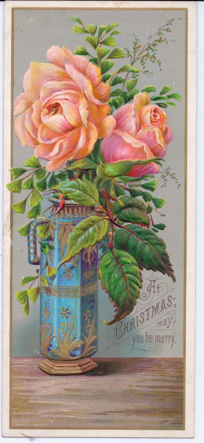 Et viktoriansk julekort med roser i en blå vase, ca. 1880 (fargelitografi) av English School