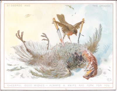 En viktoriansk årstidskalender som viser et eldre par i middelalderkostyme som går i snøen og et ungt par også i middelalderkostyme som nyter en vårdag, ca. 1879 (fargelitografi) av English School
