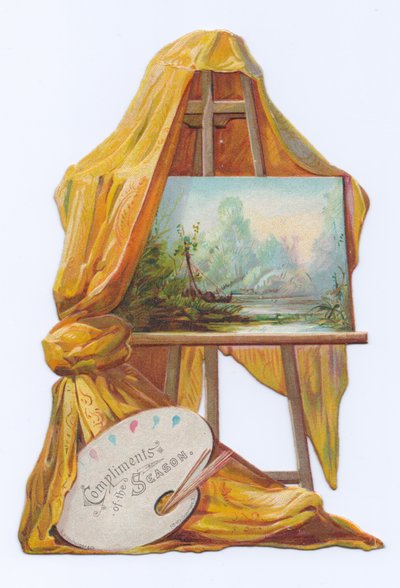 Et viktoriansk utskåret kort av et maleri på et staffeli med drapering, ca. 1880 (fargelitografi) av English School