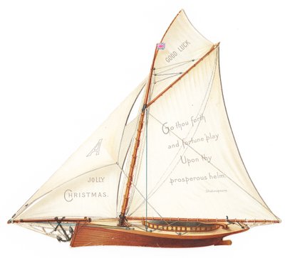 Et viktoriansk, utskåret tredimensjonalt julekort av en seilbåt, ca. 1880 (fargelitografi) av English School