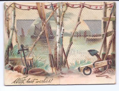 Et viktoriansk gratulasjonskort av seilskip sett gjennom en gasbindskjerm, ca. 1880 av English School
