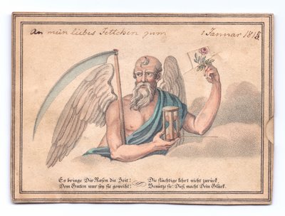 Et viktoriansk gratulasjonskort av den grimme høsteren med ljå og timeglass som holder en rose, ca. 1815 (farge litho) av English School