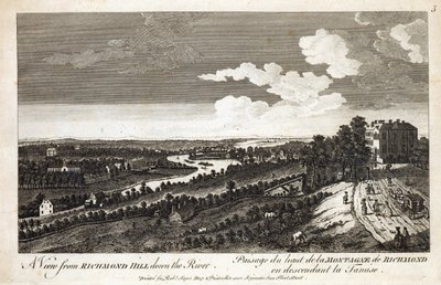 En utsikt fra Richmond Hill nedover elven, trykt for Robert Sayer Map und Printseller, Fleet Street av English School