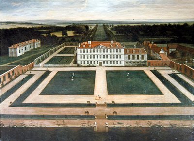 A View of Capesthorne Hall, Cheshire, ca. 1730 (olje på lerret) av English School