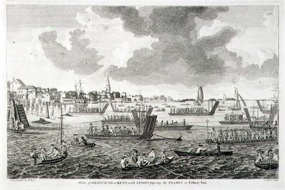 En utsikt over Gravesend i Kent, med tropper som passerer Themsen til Tilbury Fort (gravering) av English School