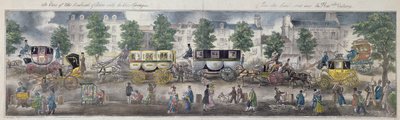 En utsikt over boulevardene i Paris med de nye vognene, 1828 (fargegravering) av English School