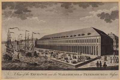 En utsikt over børsen og varehusene i Petersburg i Russland (gravering) av English School