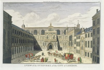 En utsikt over Guild Hall of the City of London, fra The History of London, sent c18th av English School
